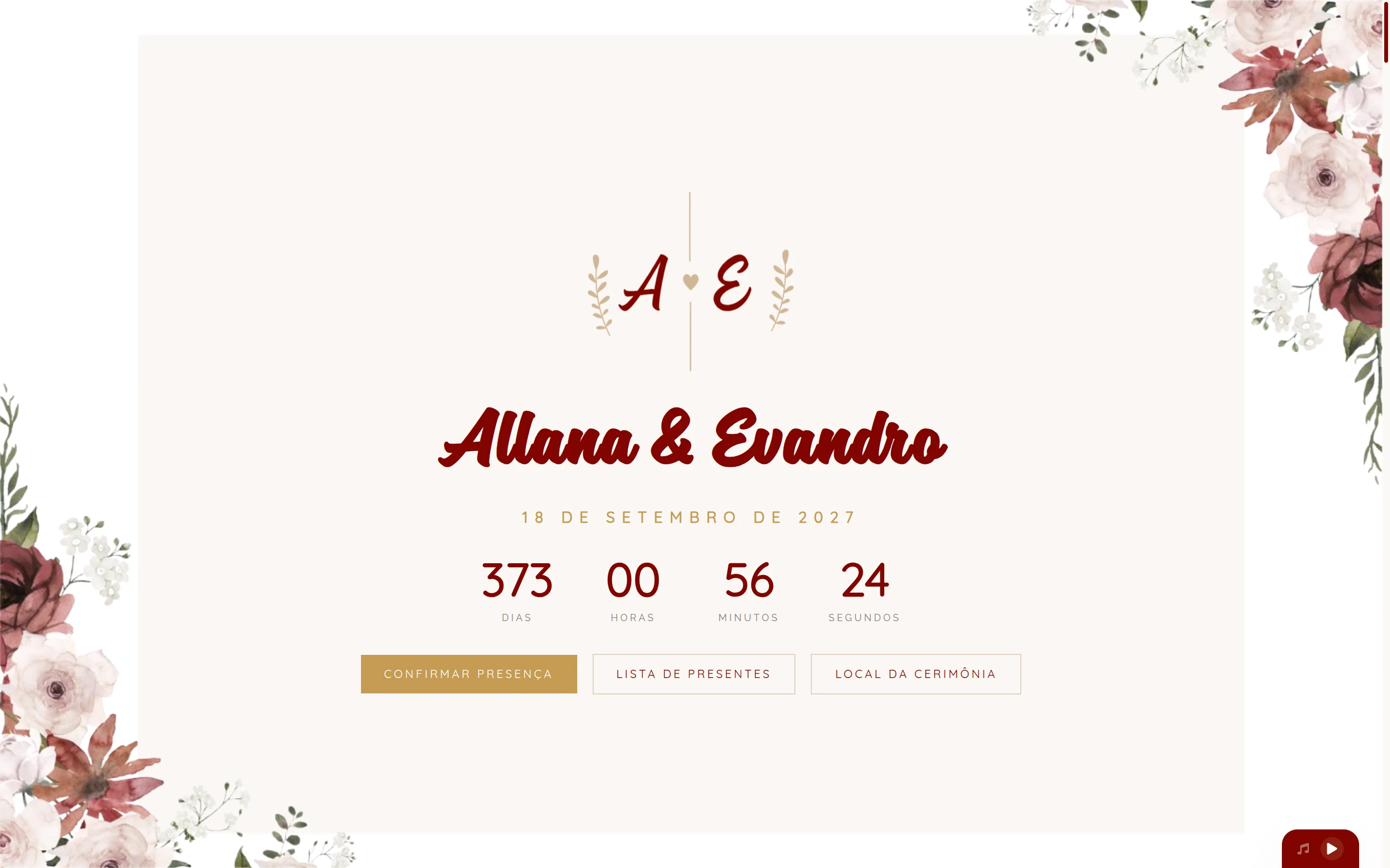 Página inicial do site de casamento de Allana e Evandro
